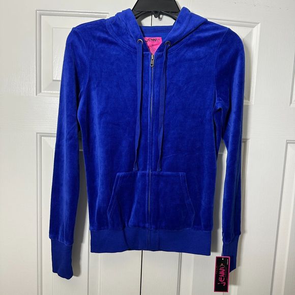 Jenni By Jennifer Moore Royal Blue Solid Velour Hooded Full Zip Sweater Jacket S - Picture 11 of 14